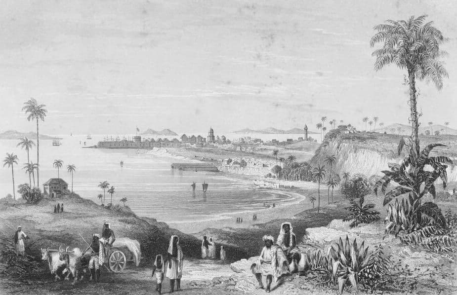 An engraving of Bombay's bay and fort seen from a hillside, with palms, an ox cart and travellers in the foreground.